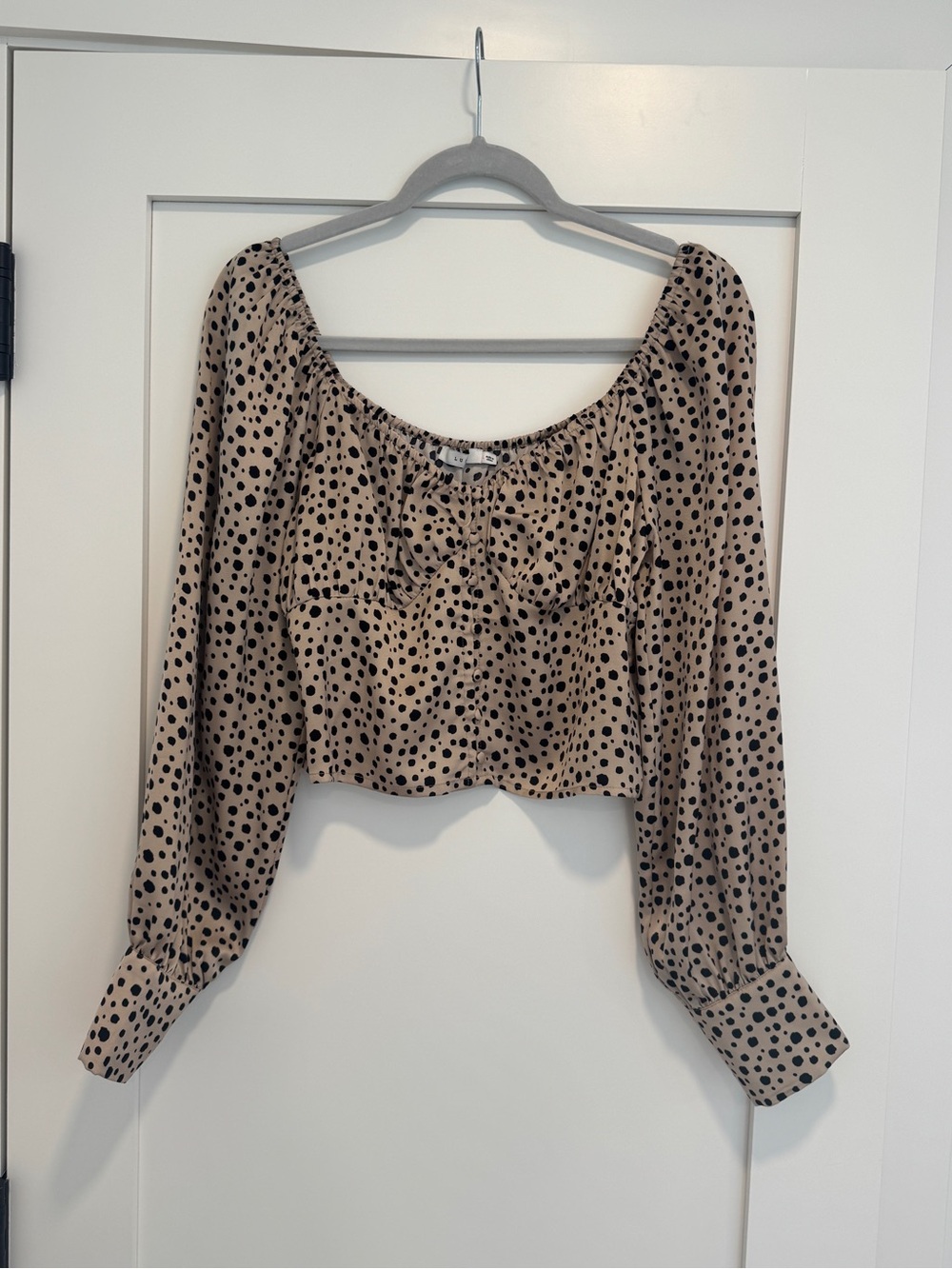 Lush Beige Crop Top with Black Polka Dots